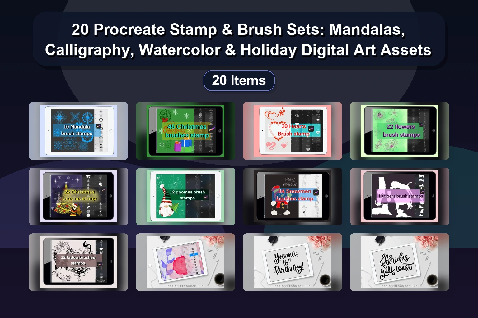 20 Procreate Stamp & Brush Sets: Mandalas, Calligraphy, Watercolor & Holiday Digital Art Assets