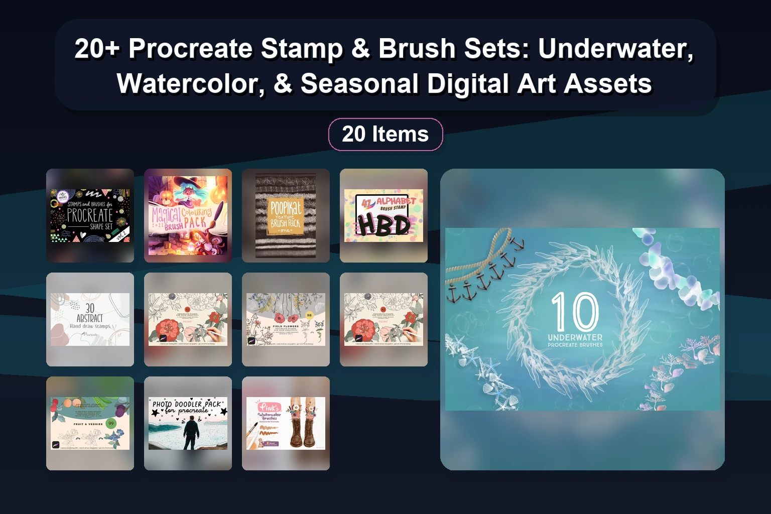 20+ Procreate Brush & Stamp Sets: Ocean, Animals, Portraits, & Retro Mockups