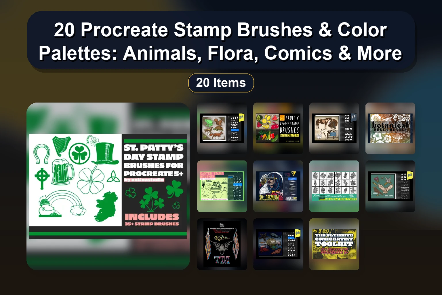 20 Procreate Stamp Brushes & Color Palettes: Animals, Flora, Comics & More