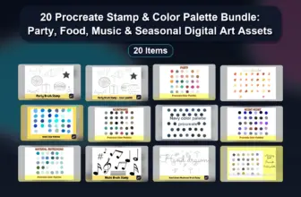 20 Procreate Stamp & Color Palette Bundle: Party, Food, Music & Seasonal Digital Art Assets