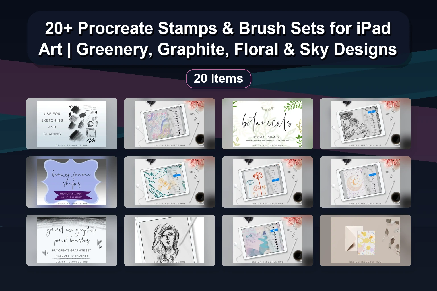20+ Procreate Stamps & Brush Sets for iPad Art | Greenery, Graphite, Floral & Sky Designs