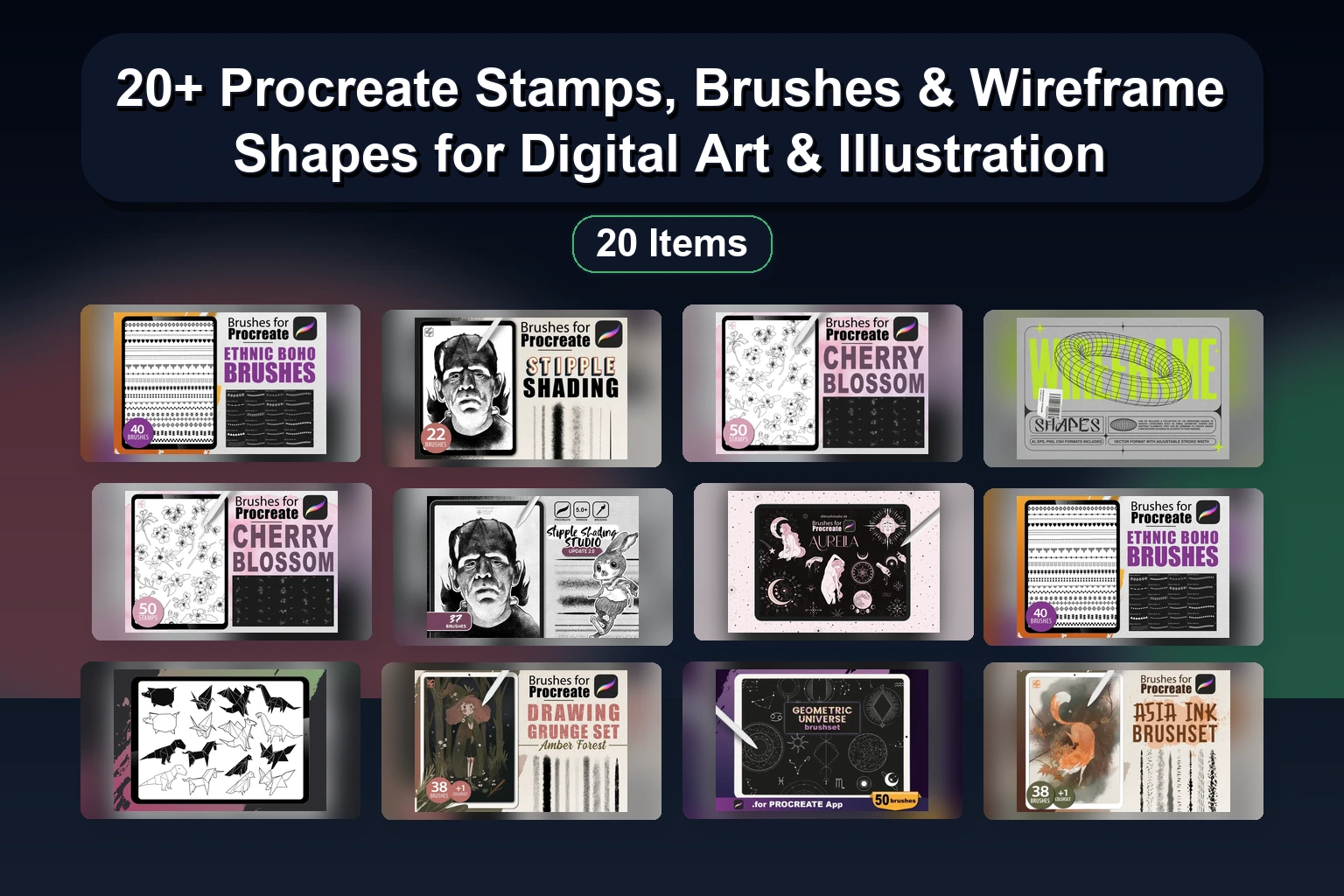 20+ Procreate Stamps, Brushes & Wireframe Shapes for Digital Art & Illustration