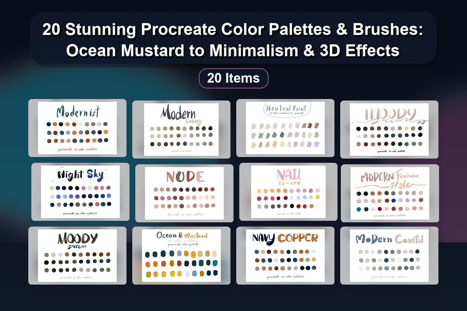 20 Procreate Color Palettes, Stamps & Brushes: Cute Animals, Food & Pastel Themes (Selected Assets Part 98)
