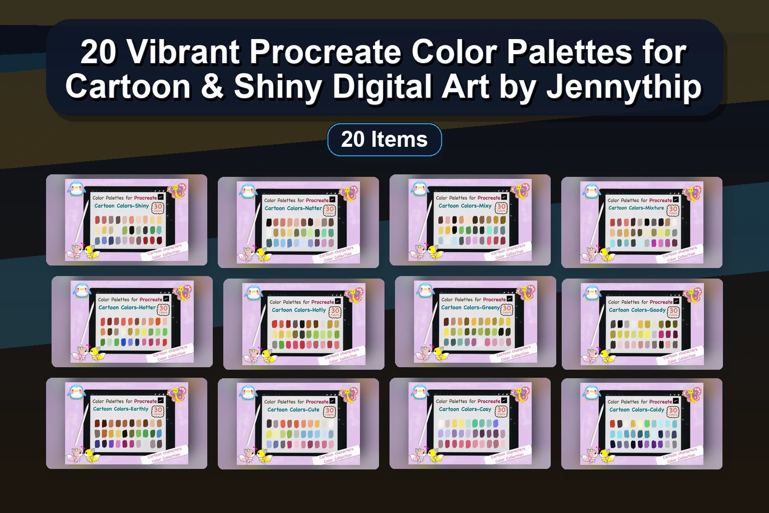 20 Vibrant Procreate Color Palettes for Cartoon & Shiny Digital Art by Jennythip 20 Vibrant Procreate Color Palettes for Cartoon Shiny Digit collage db1e6539 1781838383