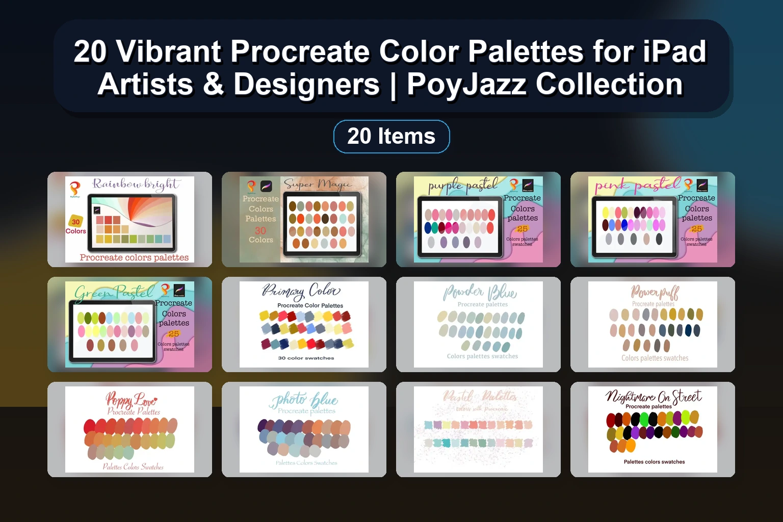 PoyJazz Procreate Color Palettes Bundle – Ice Cream, Halloween, Earth Tones & More for Digital Art