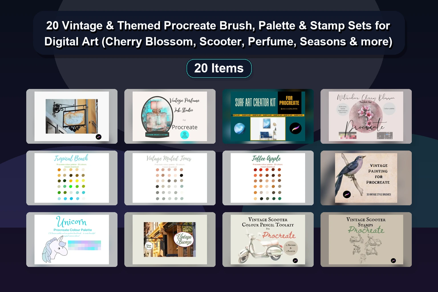 20 Vintage & Themed Procreate Brush, Palette & Stamp Sets for Digital Art (Cherry Blossom, Scooter, Perfume, Seasons & more)