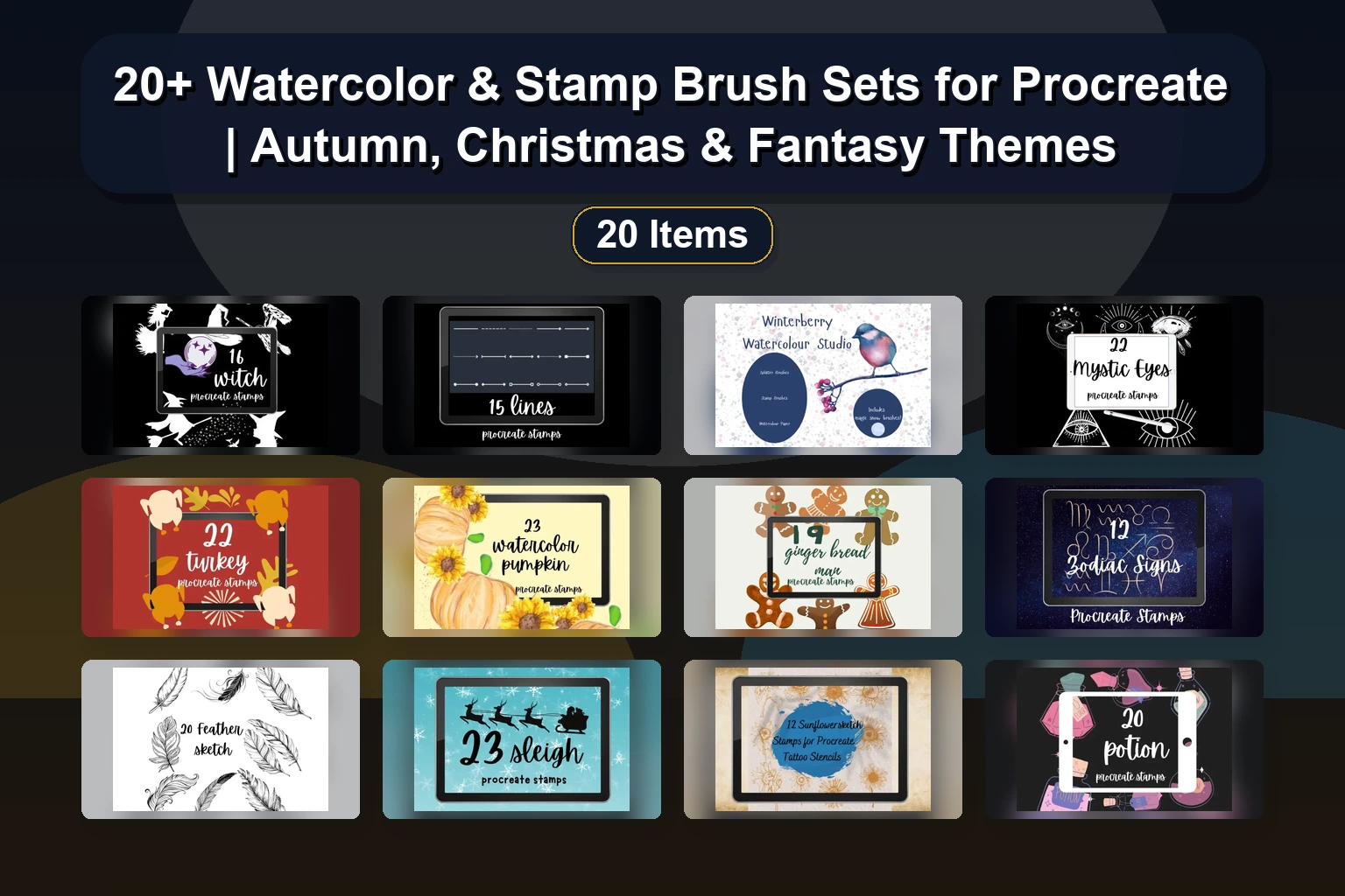 20+ Watercolor & Stamp Brush Sets for Procreate | Autumn, Christmas & Fantasy Themes