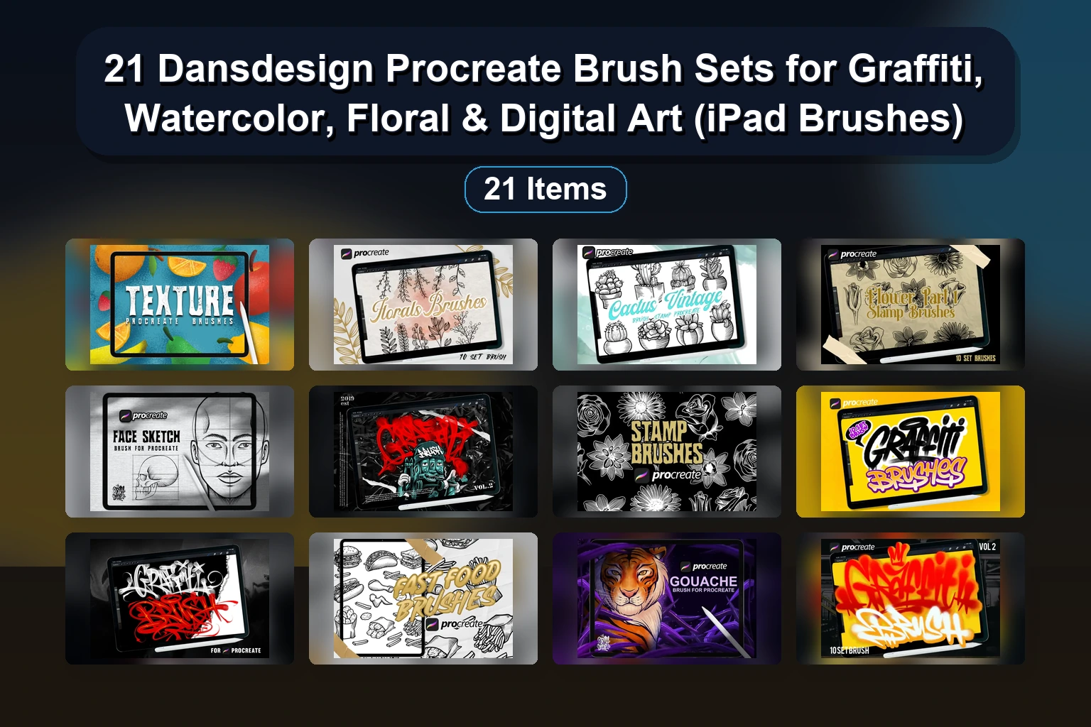 21 Dansdesign Procreate Brush Sets for Graffiti, Watercolor, Floral & Digital Art (iPad Brushes)