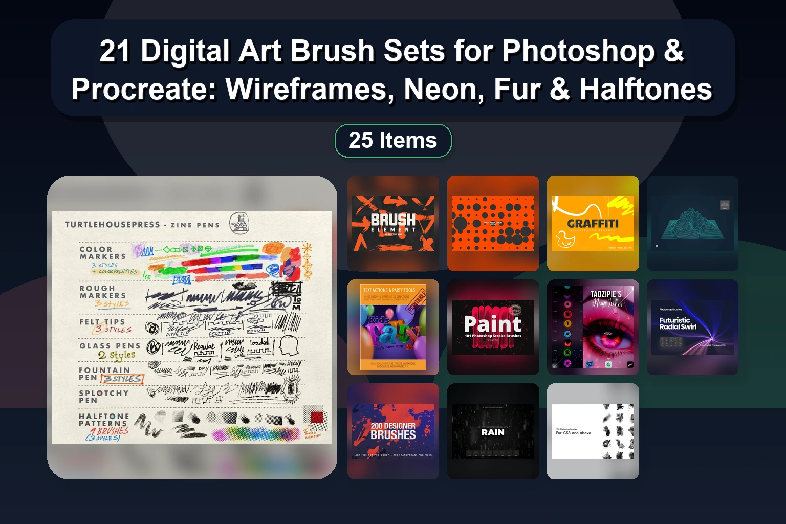 21 Digital Art Brush Sets for Photoshop & Procreate: Wireframes, Neon, Fur & Halftones