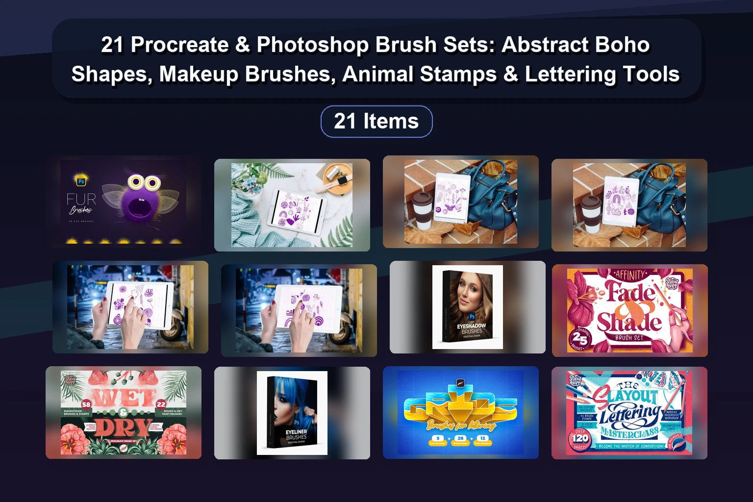 21 Procreate & Photoshop Brush Sets: Abstract Boho Shapes, Makeup Brushes, Animal Stamps & Lettering Tools
