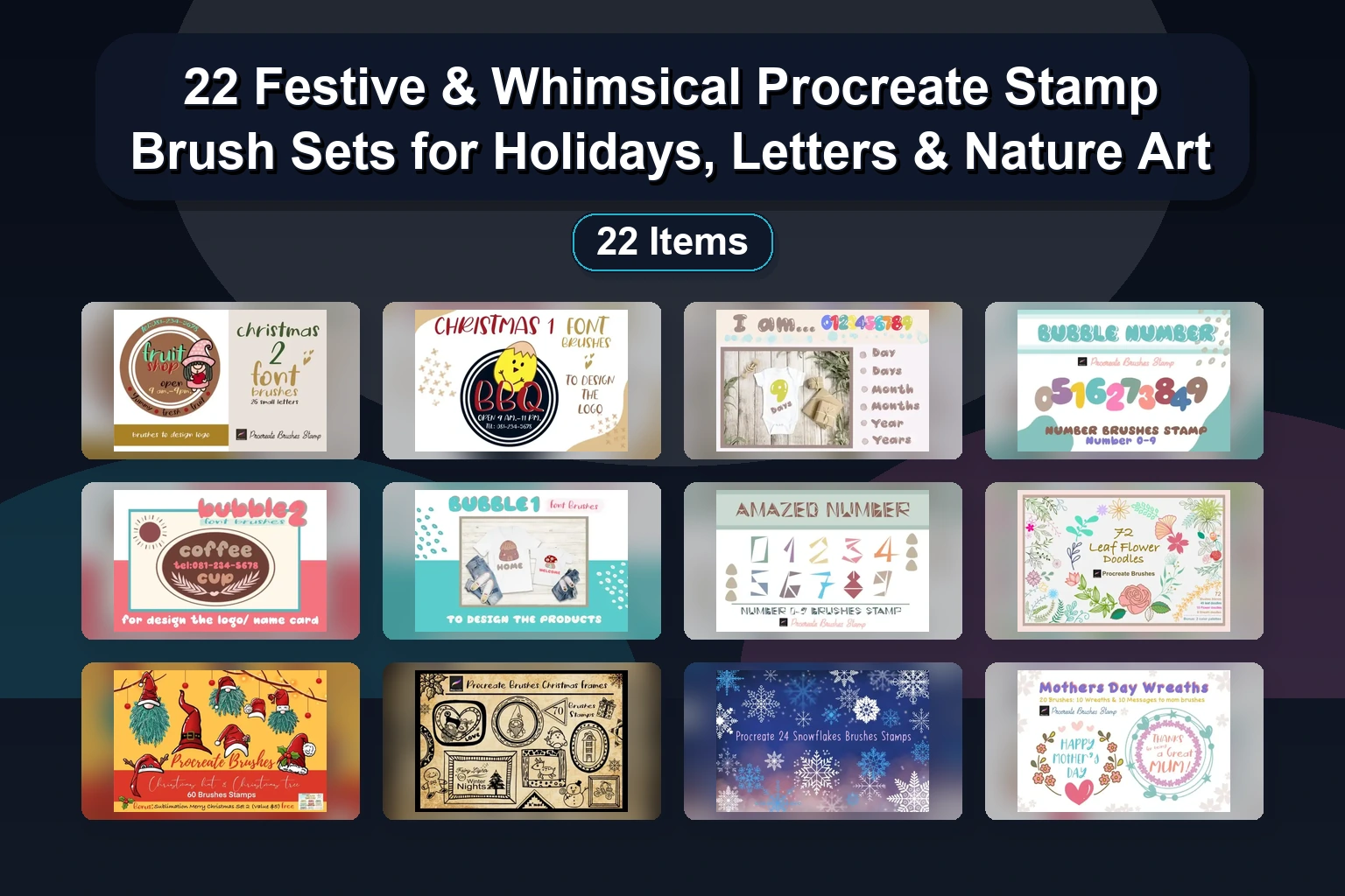 15 Procreate & Photoshop Brush Stamp Sets for Digital Art & Illustration (Flowers, Easter, Watercolor, Abstract, Fur)