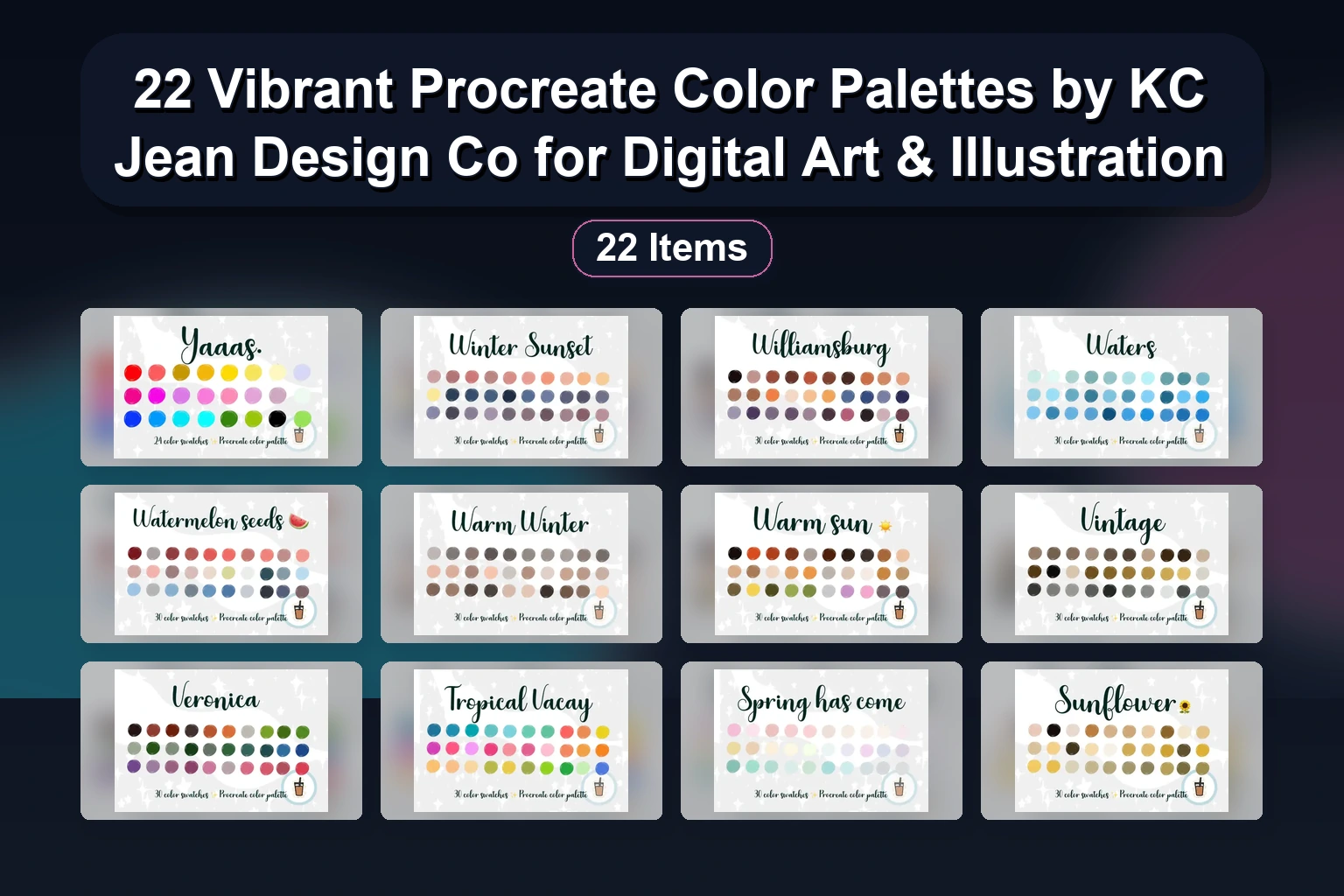 22 Vibrant Procreate Color Palettes by KC Jean Design Co for Digital Art & Illustration