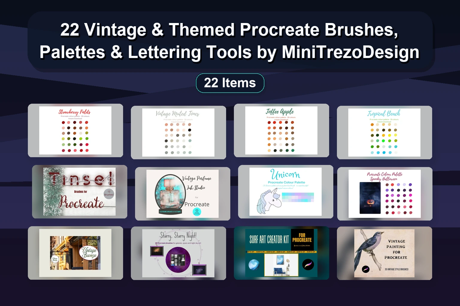 22 Vintage & Themed Procreate Brushes, Palettes & Lettering Tools by MiniTrezoDesign