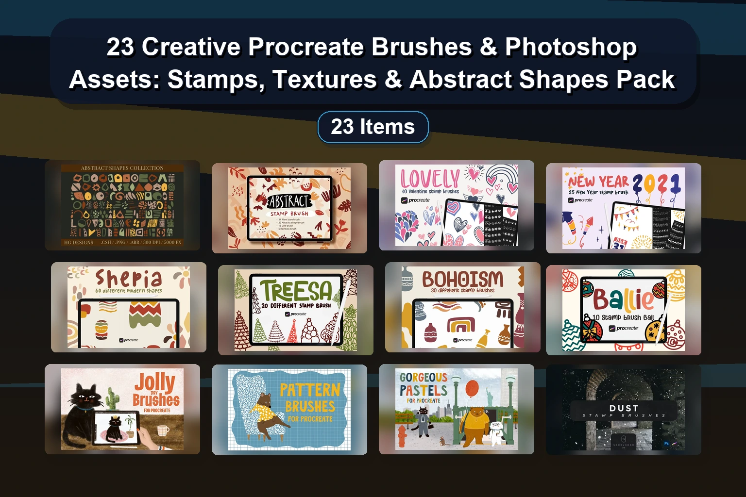 1050+ Procreate Stamp Brushes & Digital Art Brush Bundle (Hatching, Watercolor, Texture Sets)