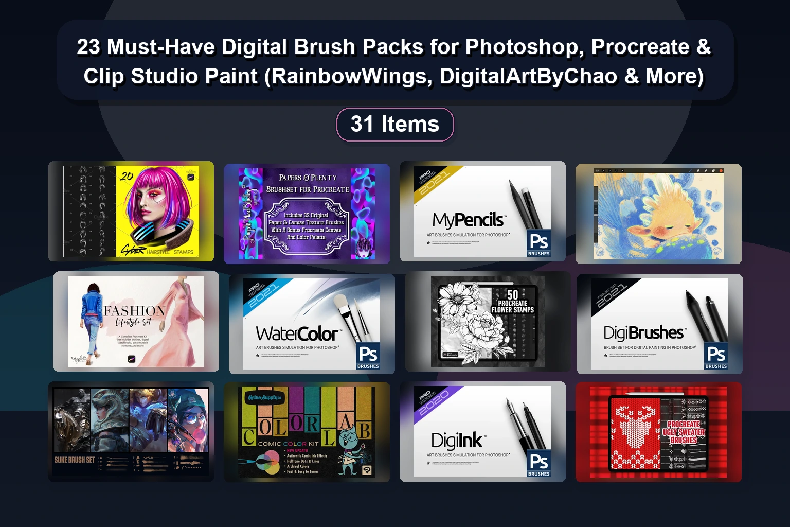 23 Must-Have Digital Brush Packs for Photoshop, Procreate & Clip Studio Paint (RainbowWings, DigitalArtByChao & More)