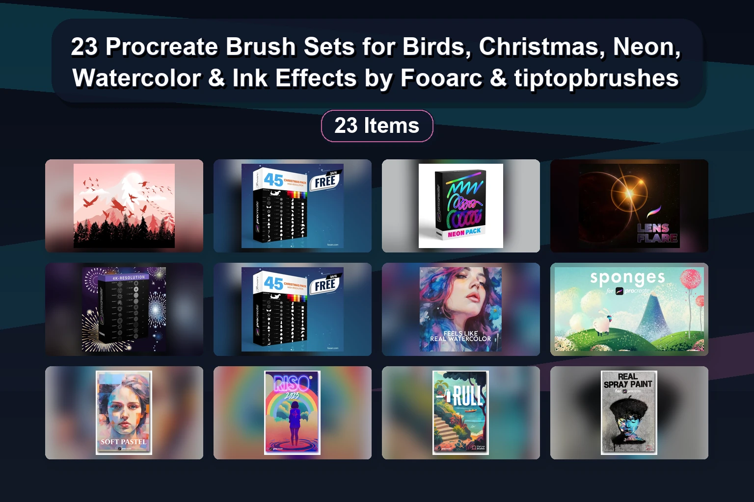 23 Procreate Brush Sets for Birds, Christmas, Neon, Watercolor & Ink Effects by Fooarc & tiptopbrushes 23 Procreate Brush Sets for Birds Christmas Neon Watercolor collage fdf5a113 1781856539
