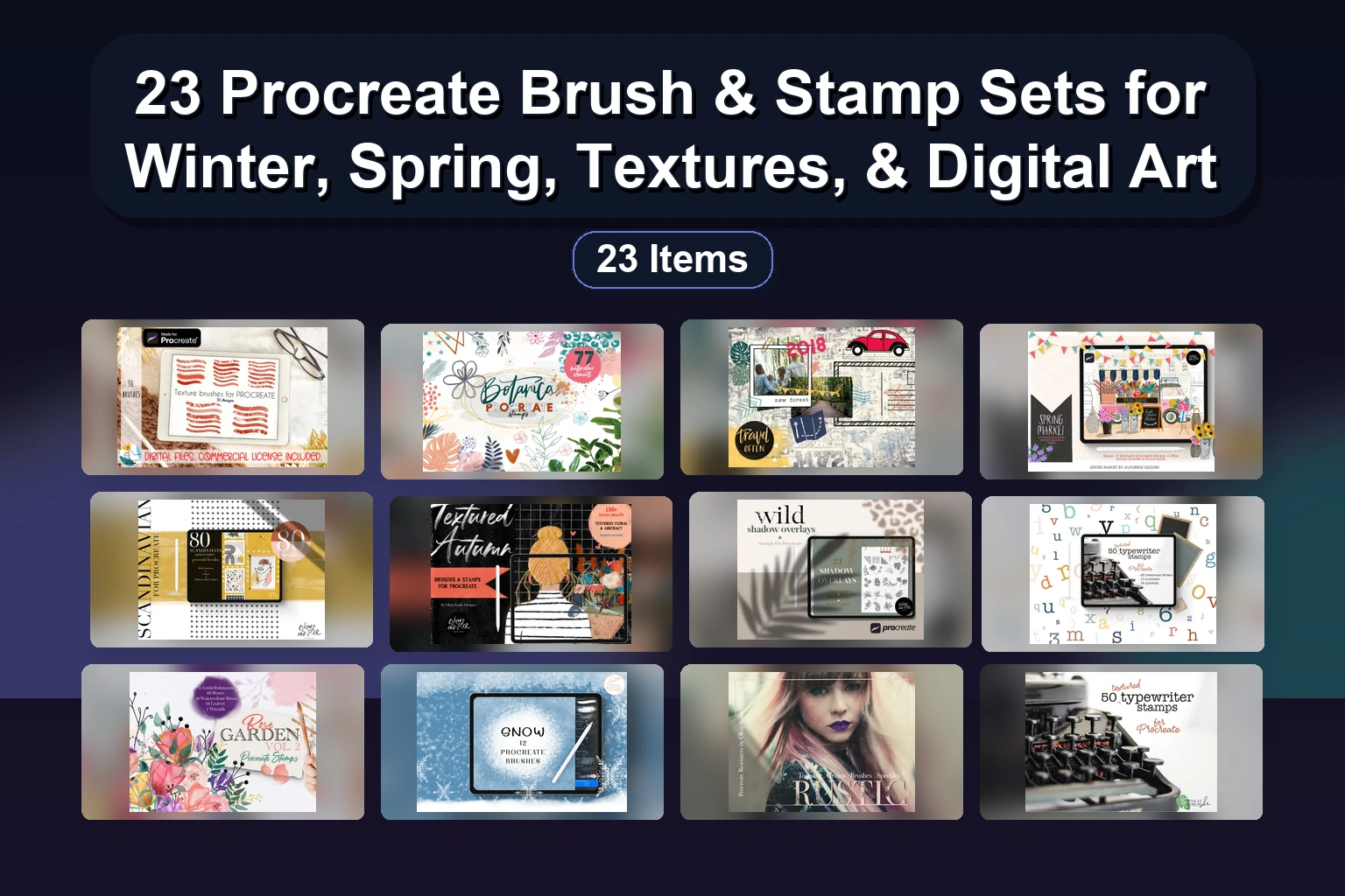 Procreate & Photoshop Brush Sets: Christmas Chalk, Halloween Stamps, Portrait & Glow Brushes, Pattern Pack, Washi Tape & More