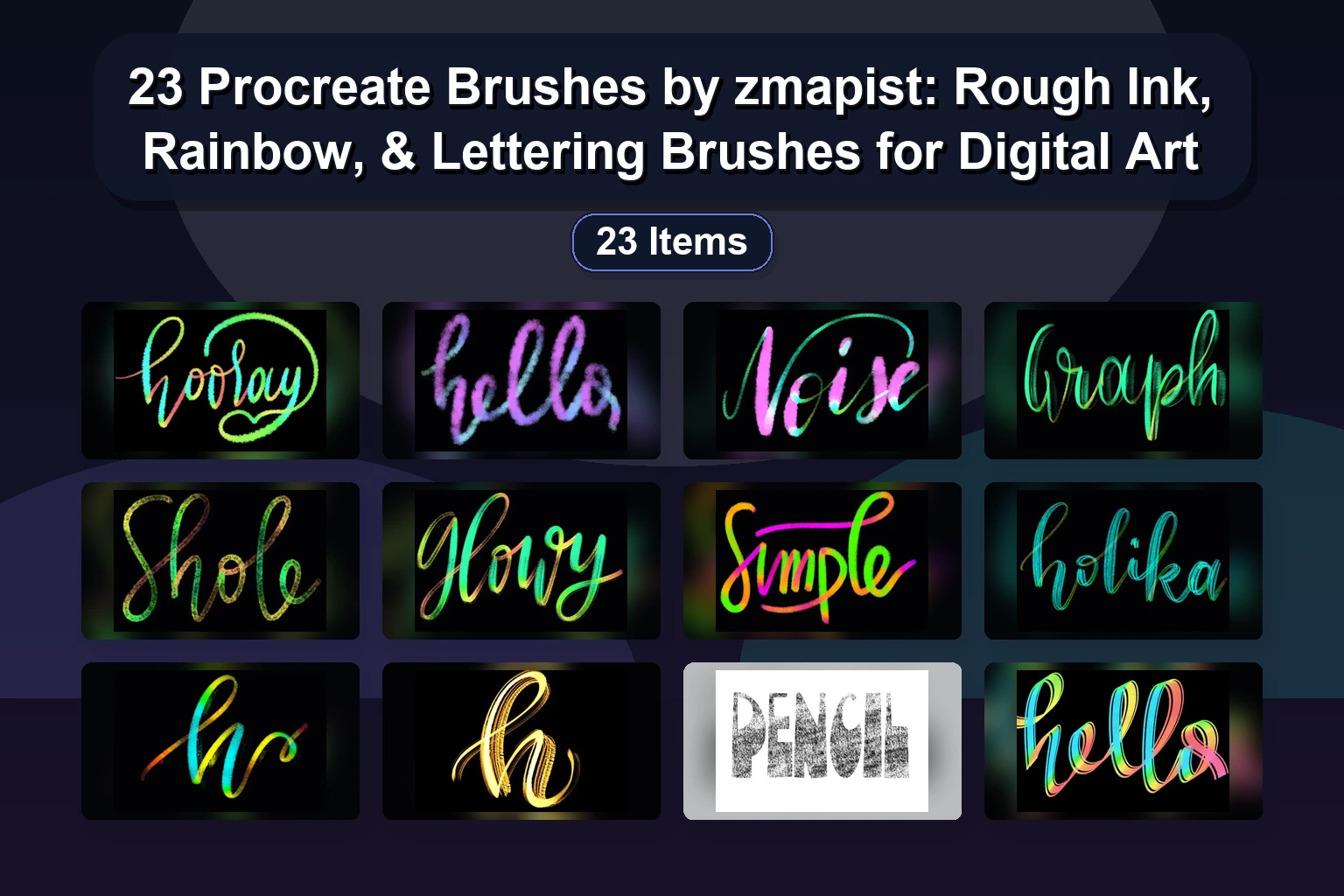 23 Procreate Brushes by zmapist: Rough Ink, Rainbow, & Lettering Brushes for Digital Art