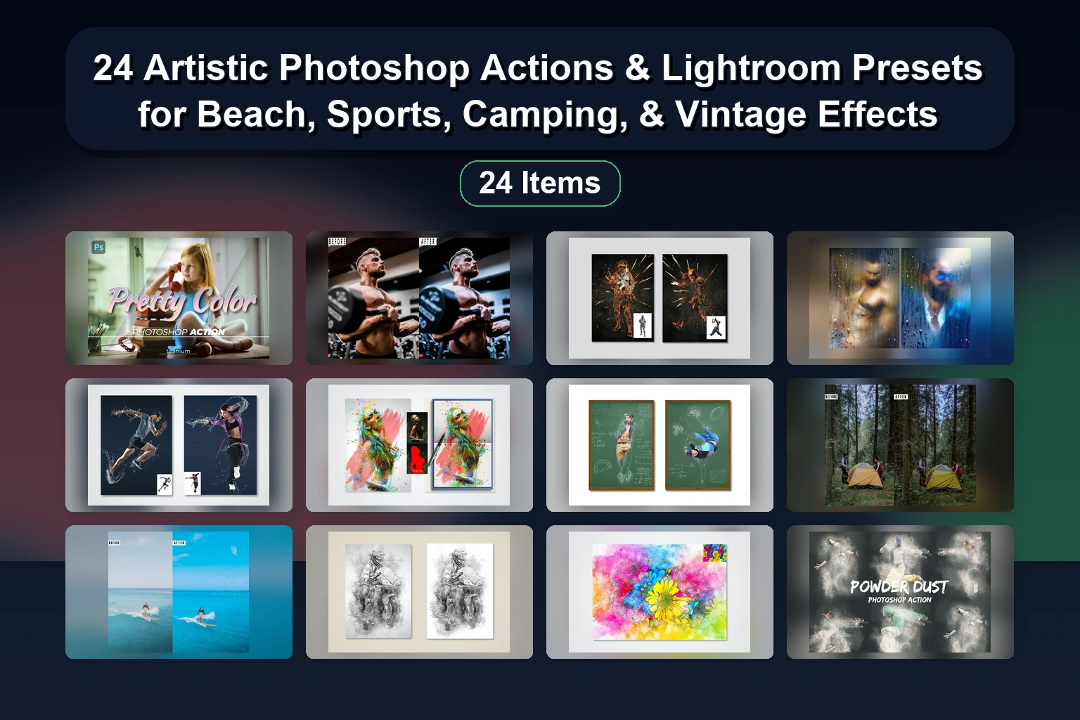 24 Artistic Photoshop Actions & Lightroom Presets for Beach, Sports, Camping, & Vintage Effects 24 Artistic Photoshop Actions Lightroom Presets for Beach S collage fb7da5da 1781861883