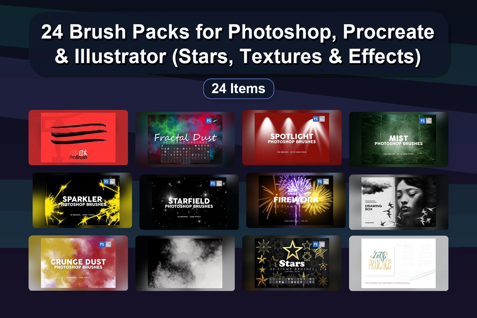 Photoshop Stamp & Spray Brushes Pack: Textures, Nature, Effects (56+ Assets)