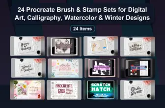 24 Procreate Brush & Stamp Sets for Digital Art, Calligraphy, Watercolor & Winter Designs