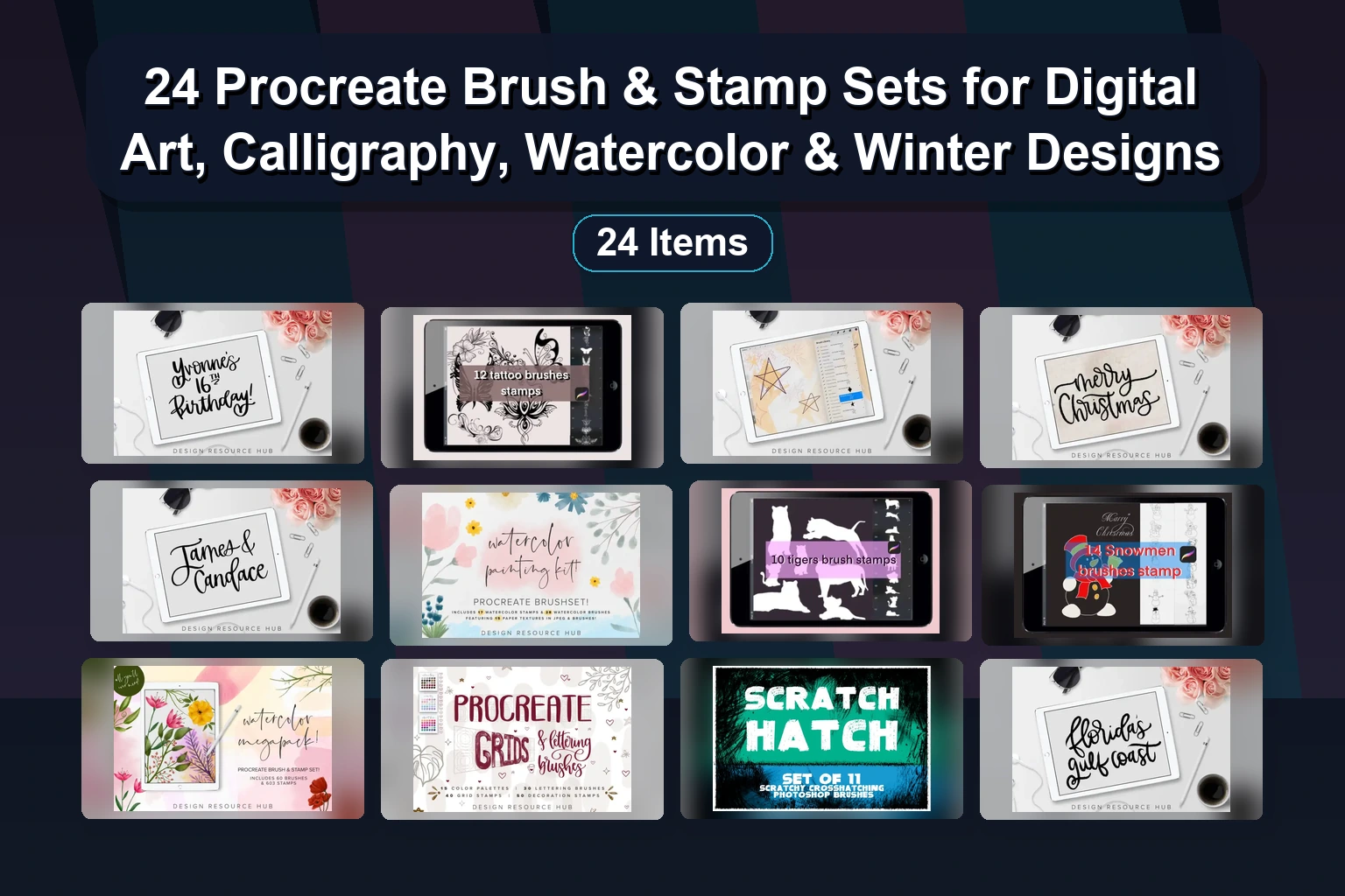 24 Procreate Brush & Stamp Sets for Digital Art, Calligraphy, Watercolor & Winter Designs