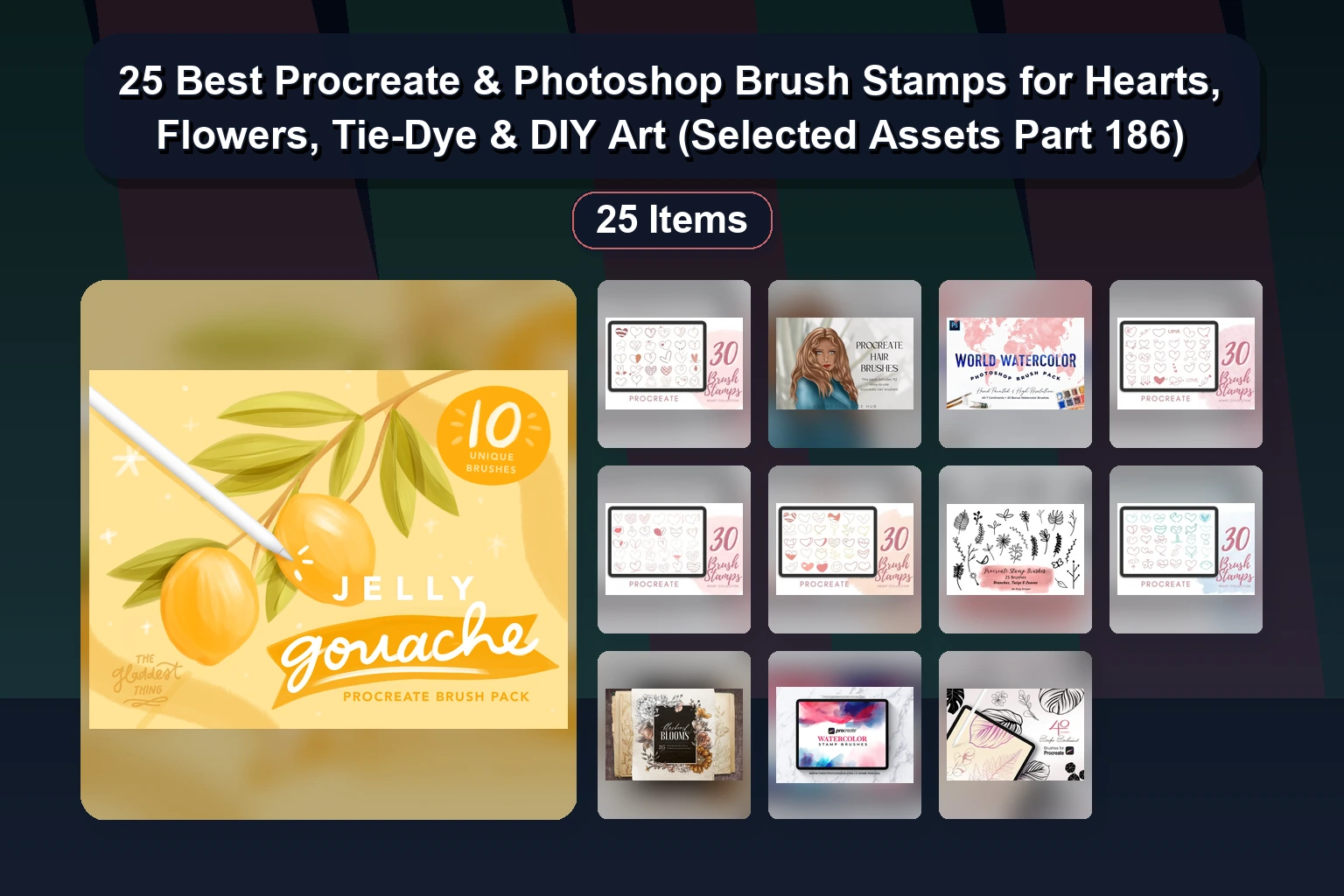 20 Procreate Brush Stamps, Floral Shapes, Color Palettes & Doodle Art Assets for iPad Digital Illustration