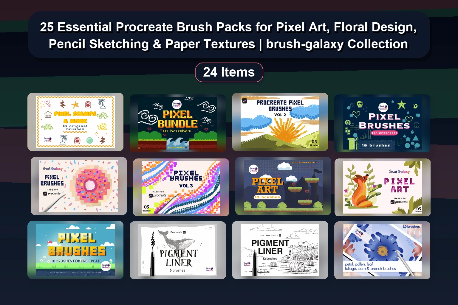 Procreate Brush-Galaxy Collection Part 5: 24 Essential Brushes for Hair, Lashes, Textures & Shading
