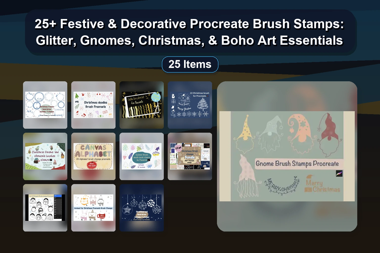 25+ Festive & Decorative Procreate Brush Stamps: Glitter, Gnomes, Christmas, & Boho Art Essentials 25 Festive Decorative Procreate Brush Stamps Glitter Gnomes collage 11d2f821 1781855411