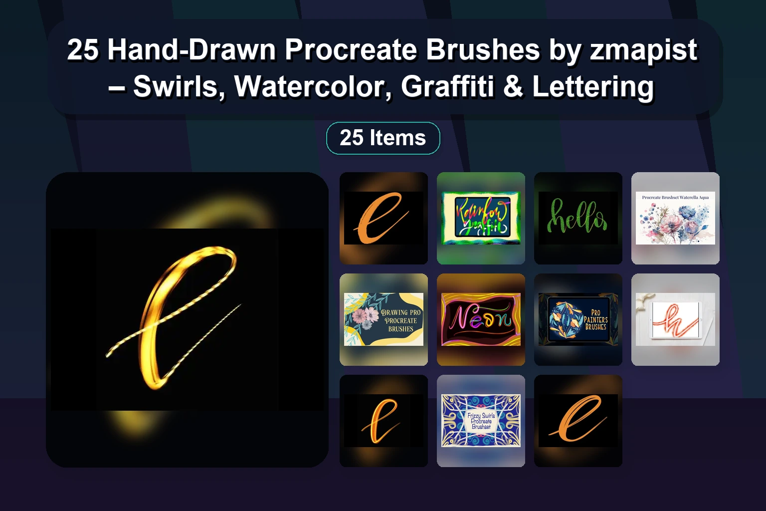 25 Hand-Drawn Procreate Brushes by zmapist – Swirls, Watercolor, Graffiti & Lettering