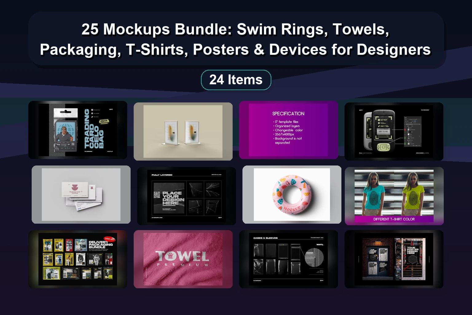 25 Mockups Bundle: Swim Rings, Towels, Packaging, T-Shirts, Posters & Devices for Designers 25 Mockups Bundle Swim Rings Towels Packaging T Shirts Poste collage ee3e447c 1781869444