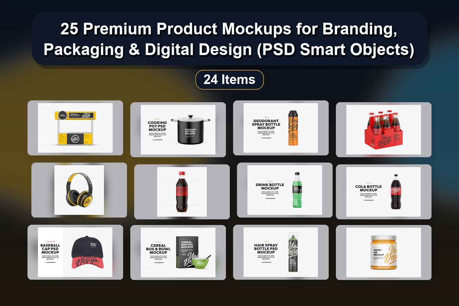24 Premium Mockup Assets for Branding, Packaging, Device & Logo Design
