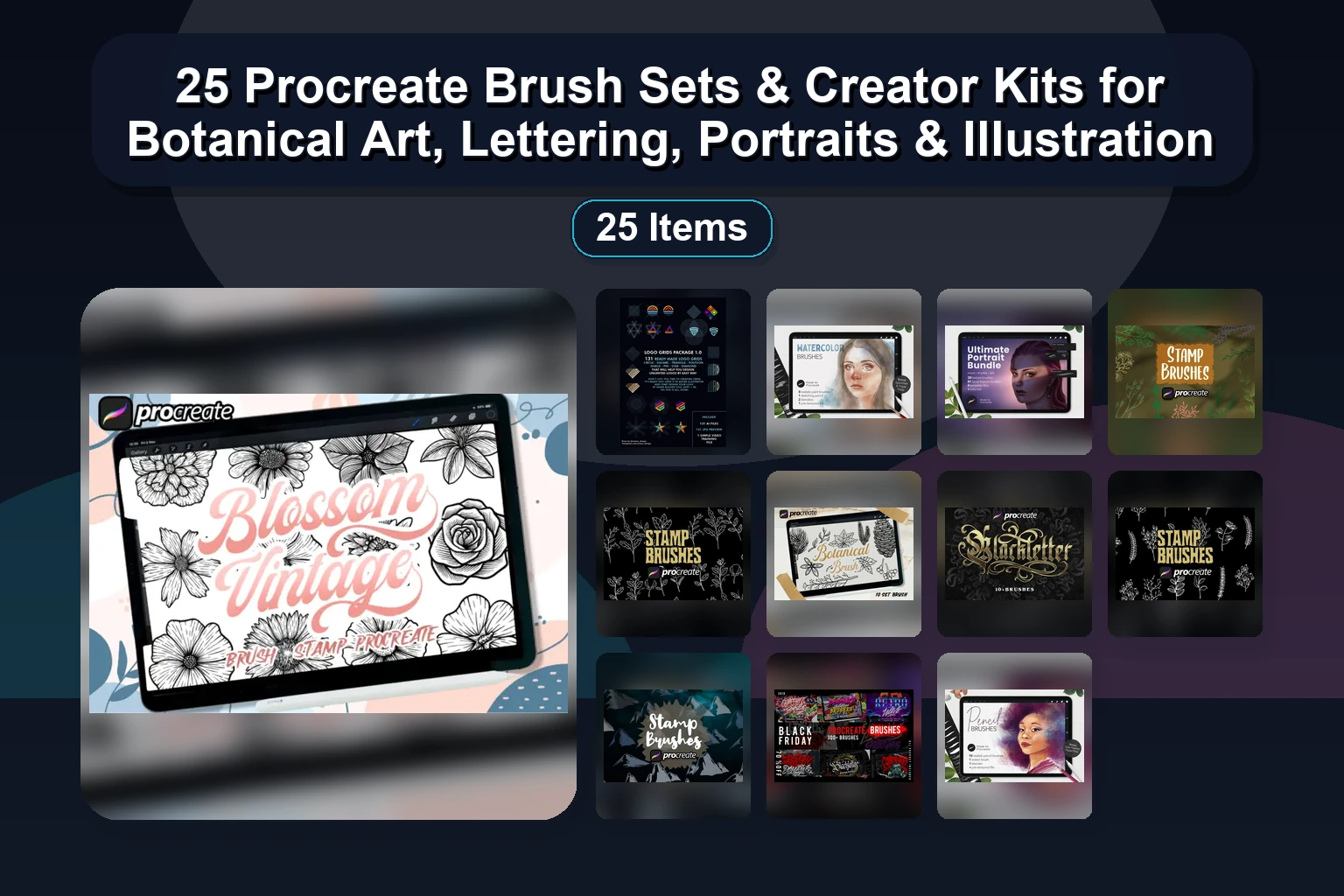 23 Procreate Brush Sets for Birds, Christmas, Neon, Watercolor & Ink Effects by Fooarc & tiptopbrushes
