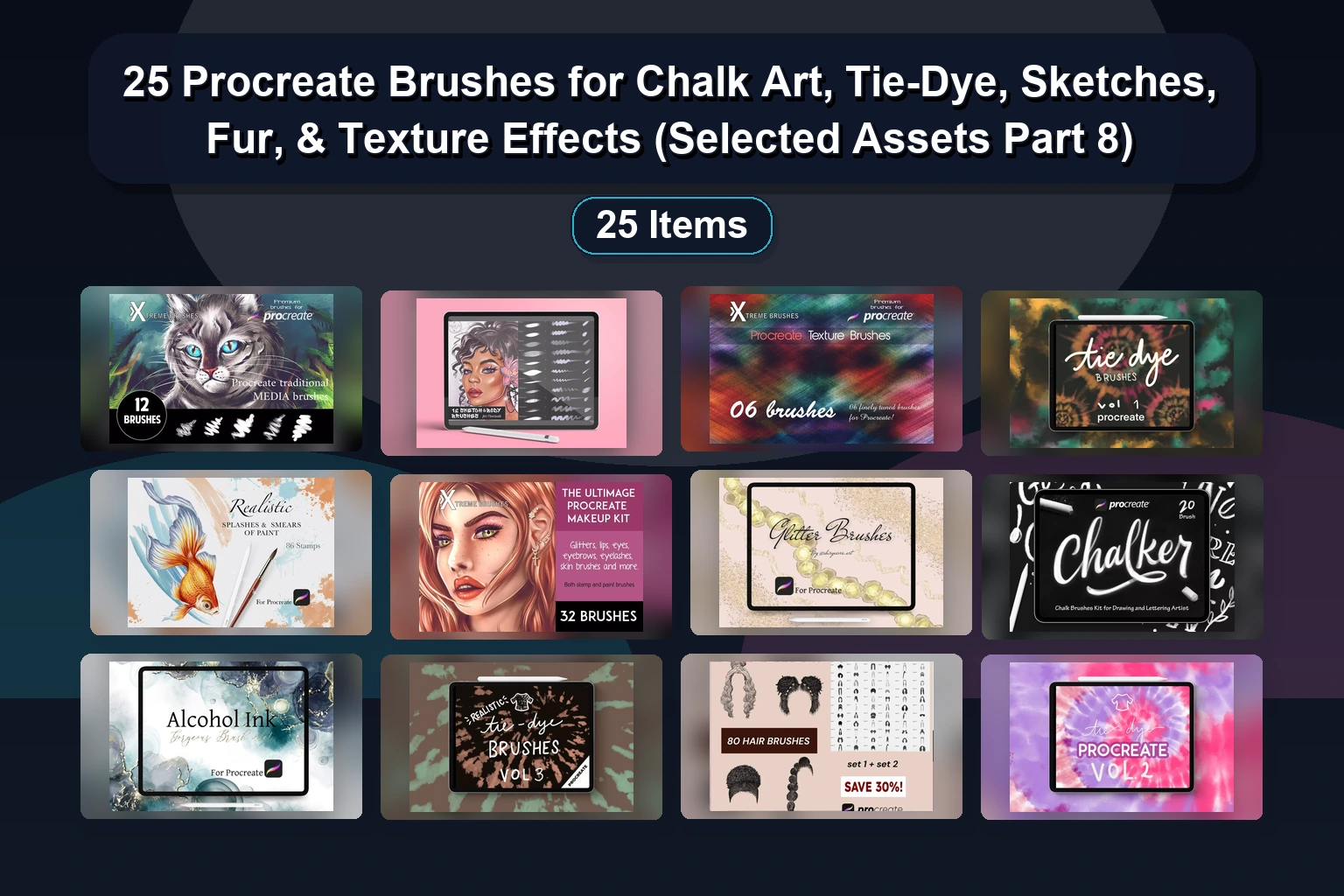 25 Procreate Brushes for Chalk Art, Tie-Dye, Sketches, Fur, & Texture Effects (Selected Assets Part 8)