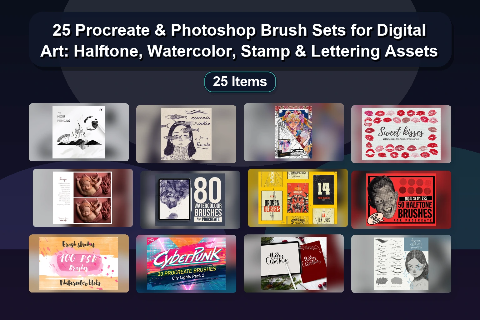 16 Procreate & Photoshop Brush Packs for Digital Art, Lettering & Texture Effects