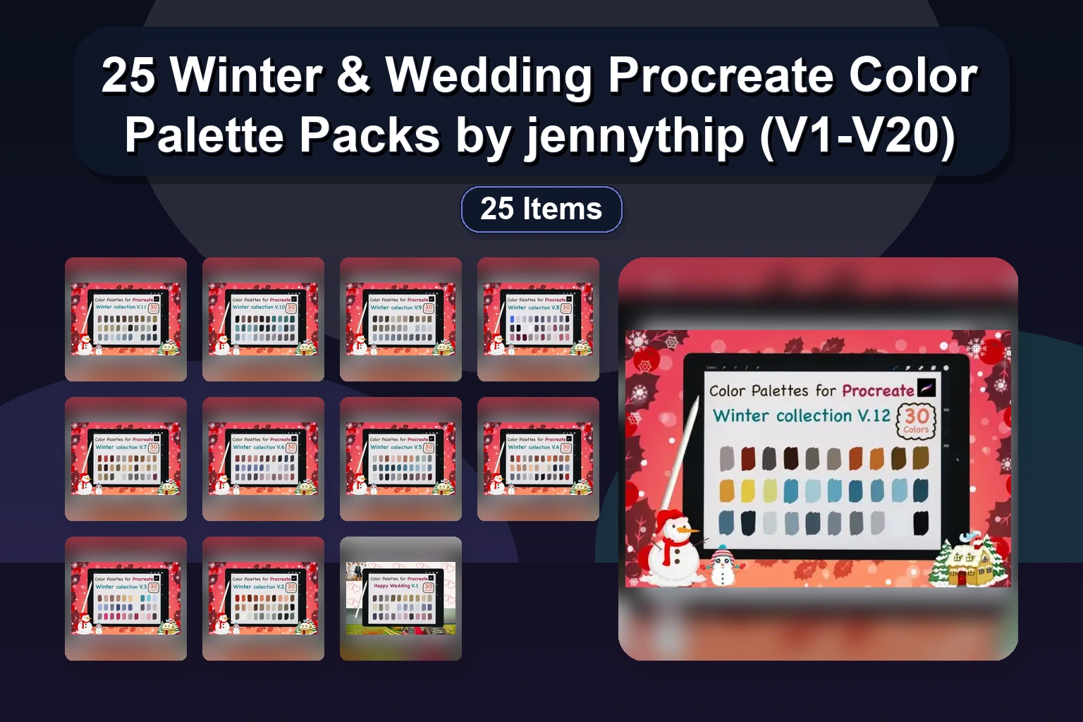 Procreate Stamp Brushes & Color Palettes Set by jennythip – Easter, Cute Elements & Chinese New Year to Winter Themes