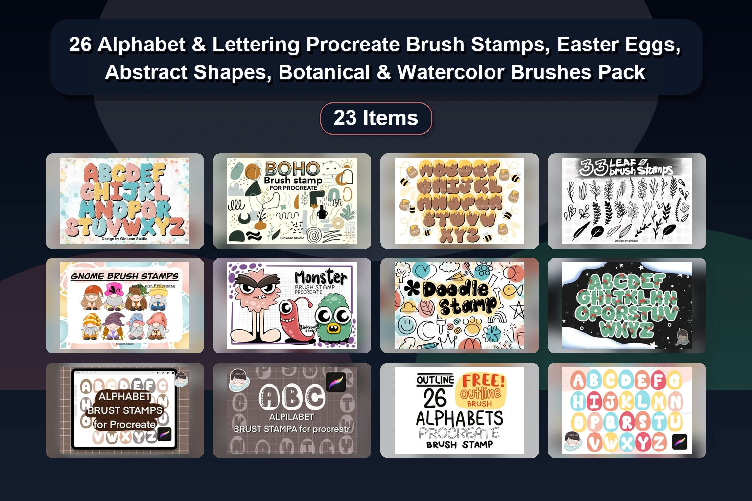 26 Alphabet & Lettering Procreate Brush Stamps, Easter Eggs, Abstract Shapes, Botanical & Watercolor Brushes Pack