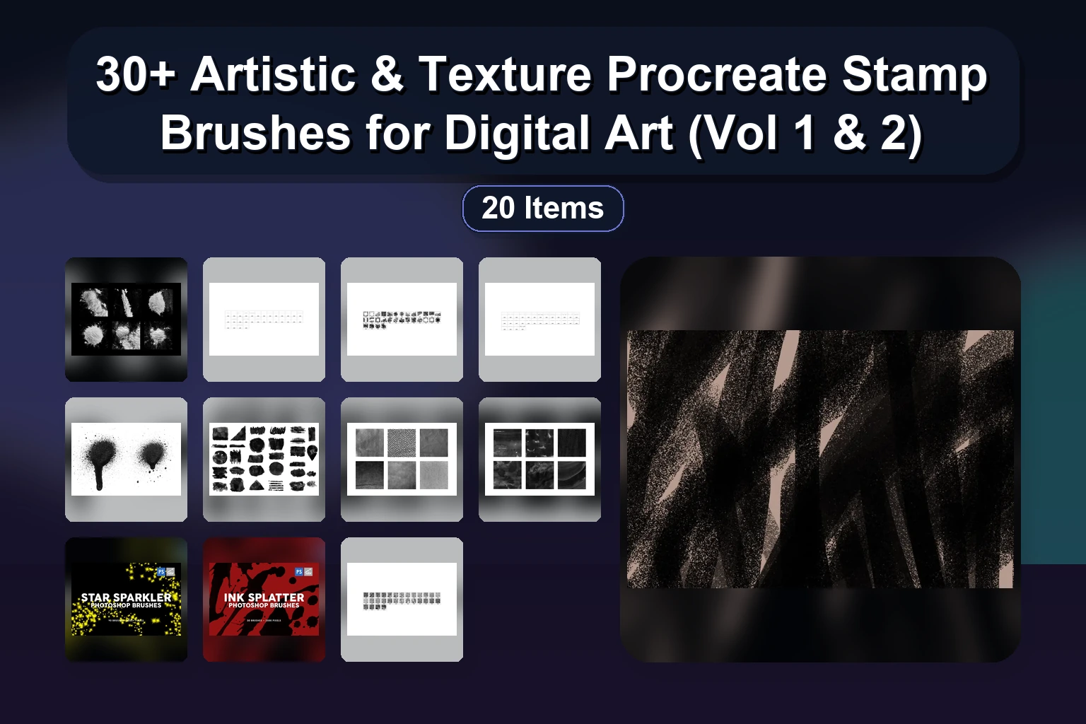 30+ Photoshop & Procreate Stamp & Texture Brushes – Splash, Laser, Marble, Grunge, Smoke & More