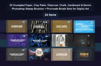 30 Crumpled Paper, Clay Paint, Charcoal, Chalk, Cardboard & Denim Photoshop Stamp Brushes + Procreate Brush Sets for Digital Art