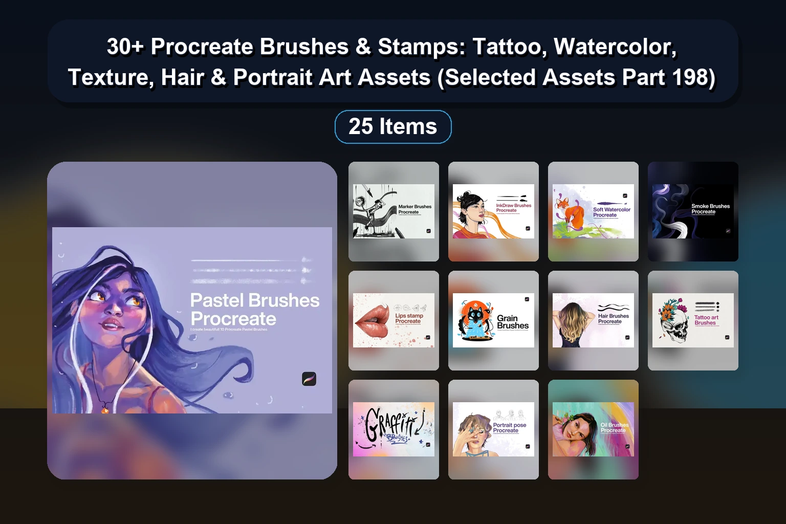 30+ Procreate Brushes & Stamps: Tattoo, Watercolor, Texture, Hair & Portrait Art Assets (Selected Assets Part 198)