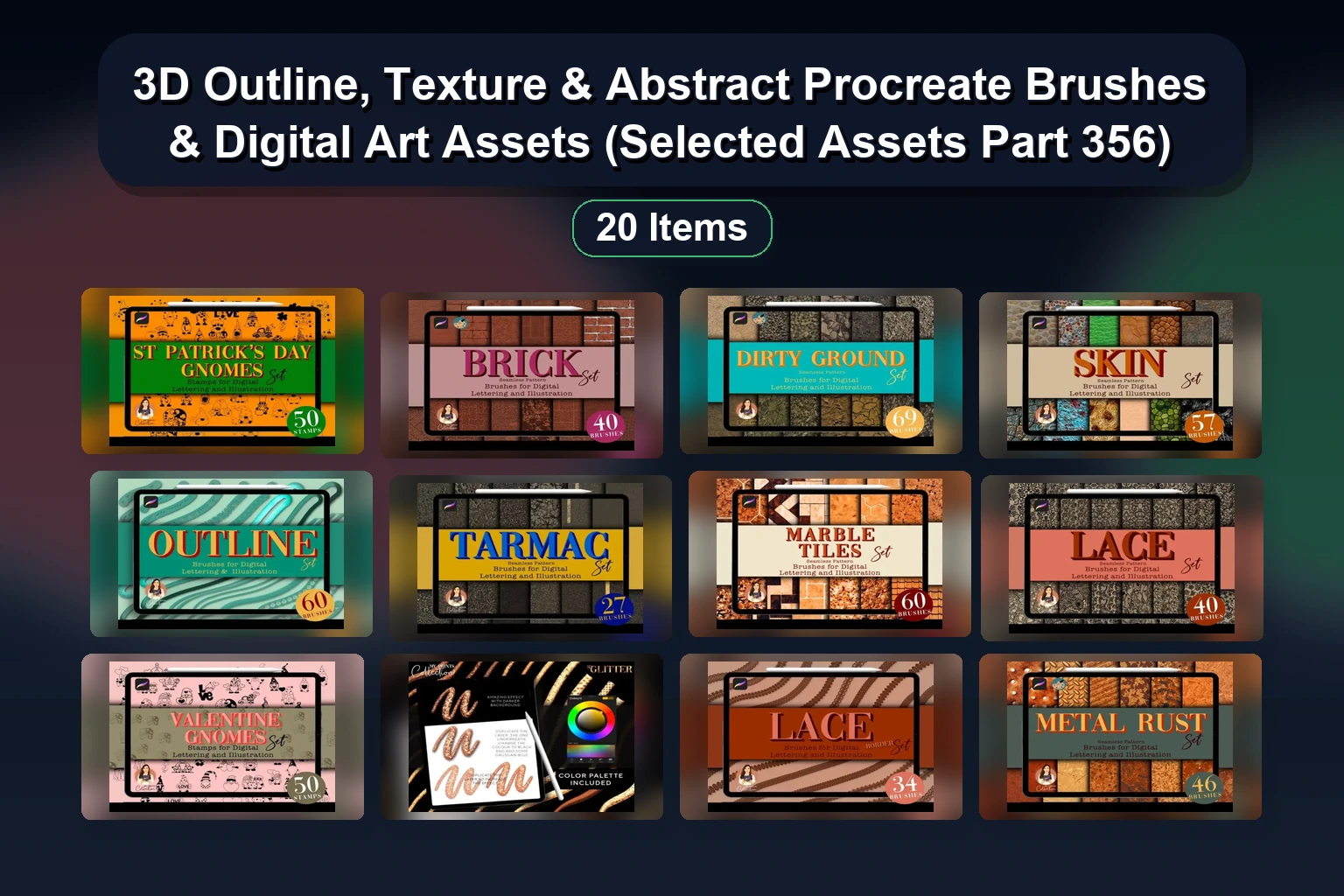 3D Outline, Texture & Abstract Procreate Brushes & Digital Art Assets (Selected Assets Part 356)