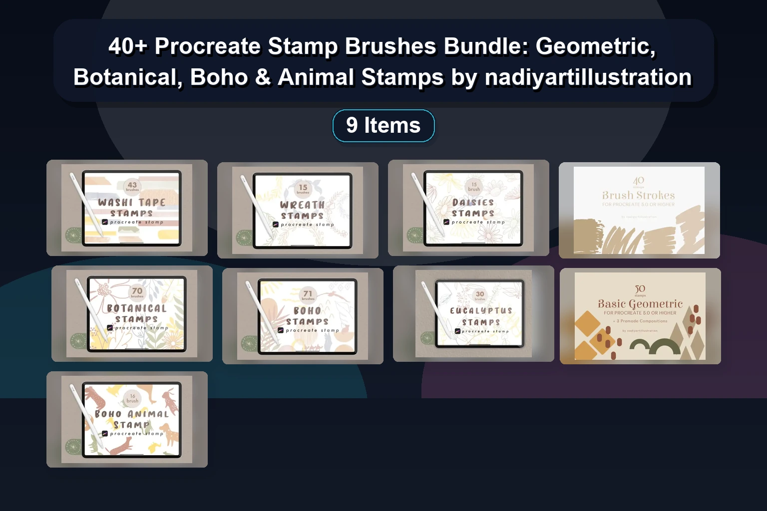 40+ Procreate Stamp Brushes Bundle: Geometric, Botanical, Boho & Animal Stamps by nadiyartillustration