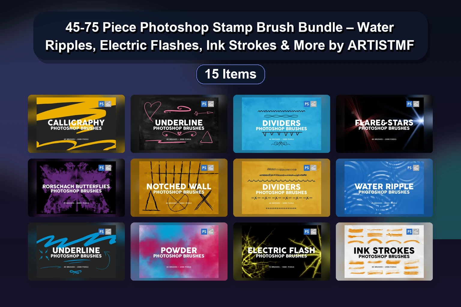 45-75 Piece Photoshop Stamp Brush Bundle – Water Ripples, Electric Flashes, Ink Strokes & More by ARTISTMF 45 75 Piece Photoshop Stamp Brush Bundle Water Ripples Elec collage a5b3b058 1781854869