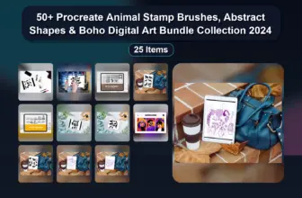 50+ Procreate Animal Stamp Brushes, Abstract Shapes & Boho Digital Art Bundle Collection 2024