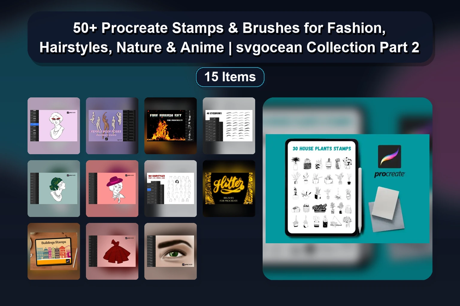 50+ Procreate Stamps & Brushes for Fashion, Hairstyles, Nature & Anime | svgocean Collection Part 2