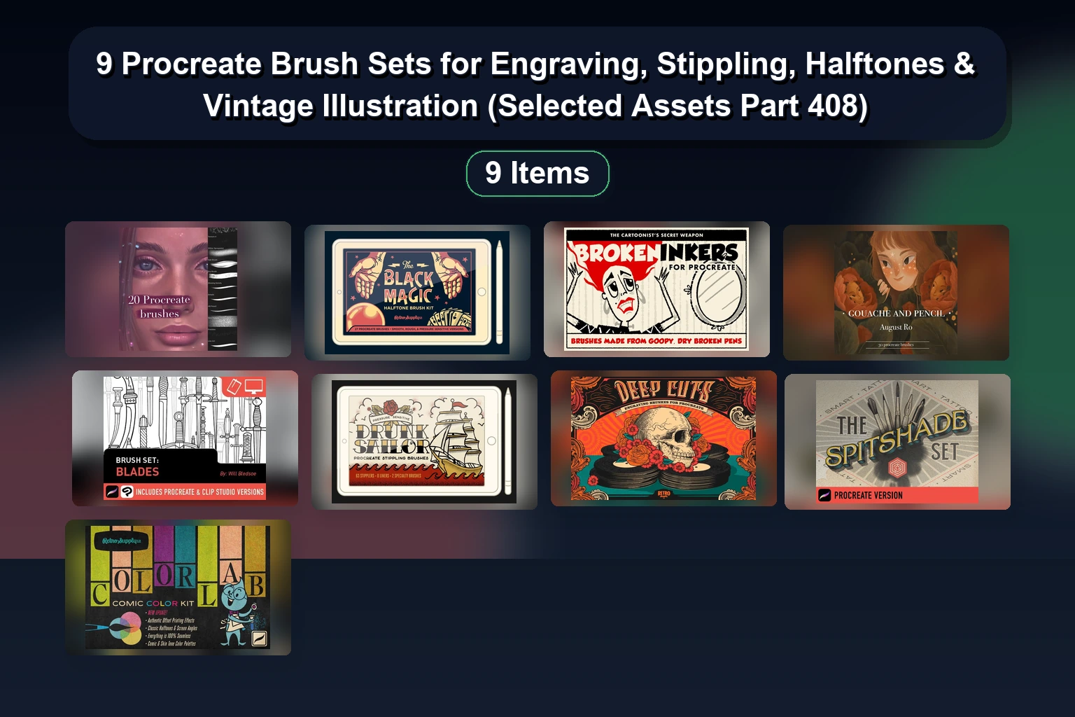 9 Procreate Brush Sets for Engraving, Stippling, Halftones & Vintage Illustration (Selected Assets Part 408)
