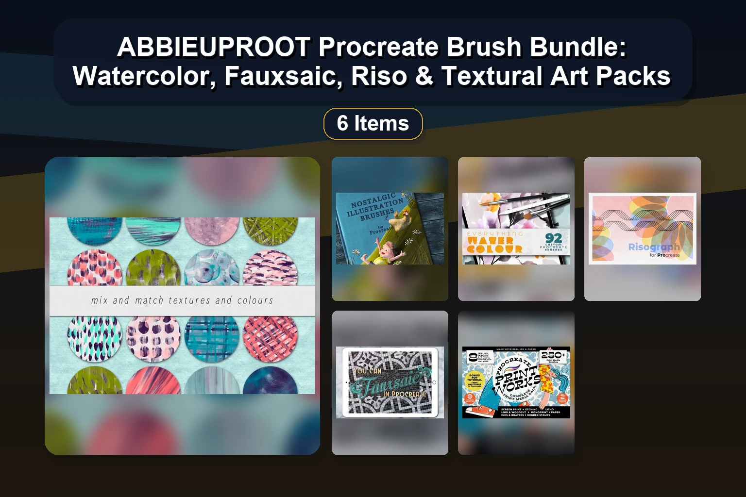 ABBIEUPROOT Procreate Brush Bundle: Watercolor, Fauxsaic, Riso & Textural Art Packs