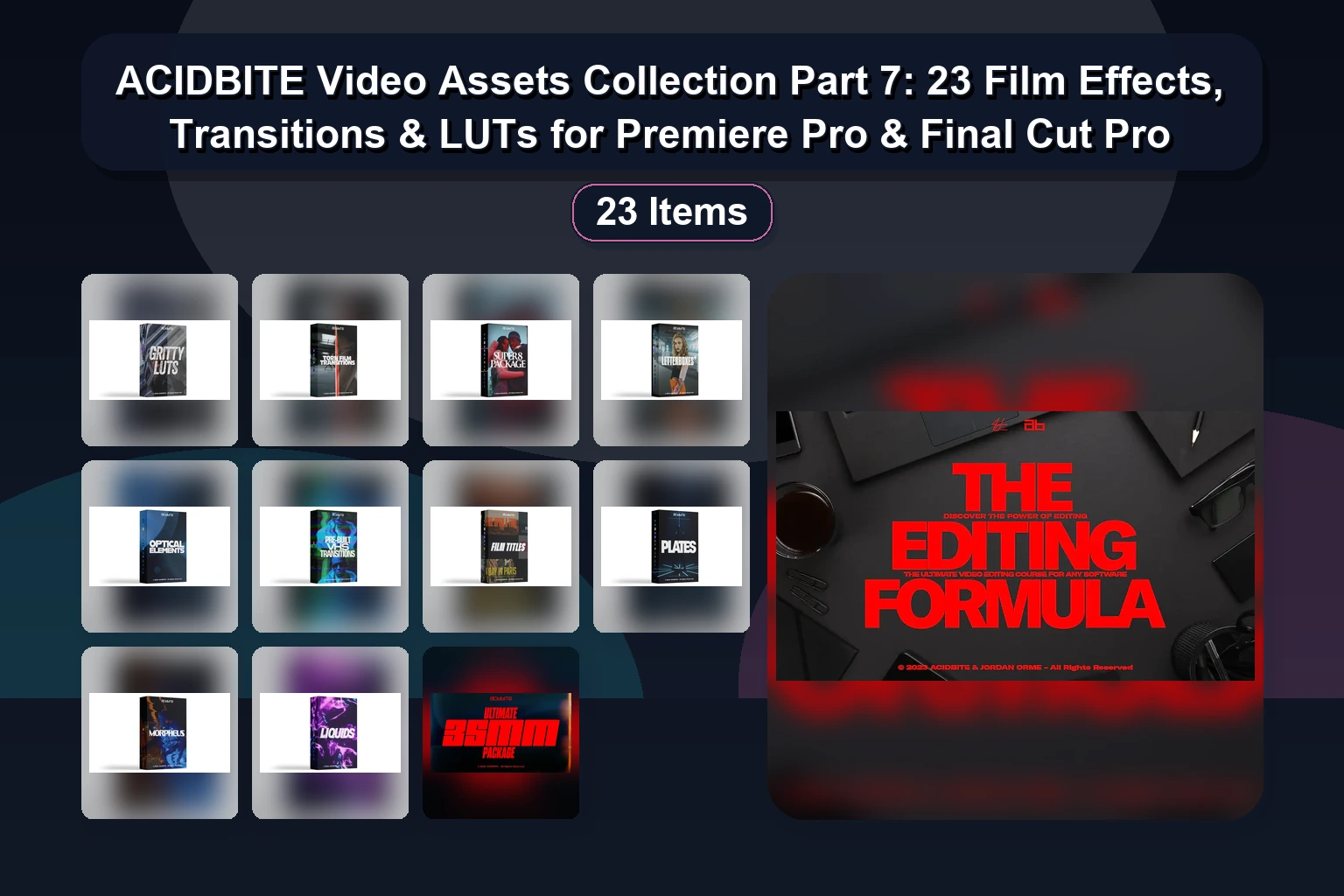 ACIDBITE Video Assets Collection Part 7: 23 Film Effects, Transitions & LUTs for Premiere Pro & Final Cut Pro