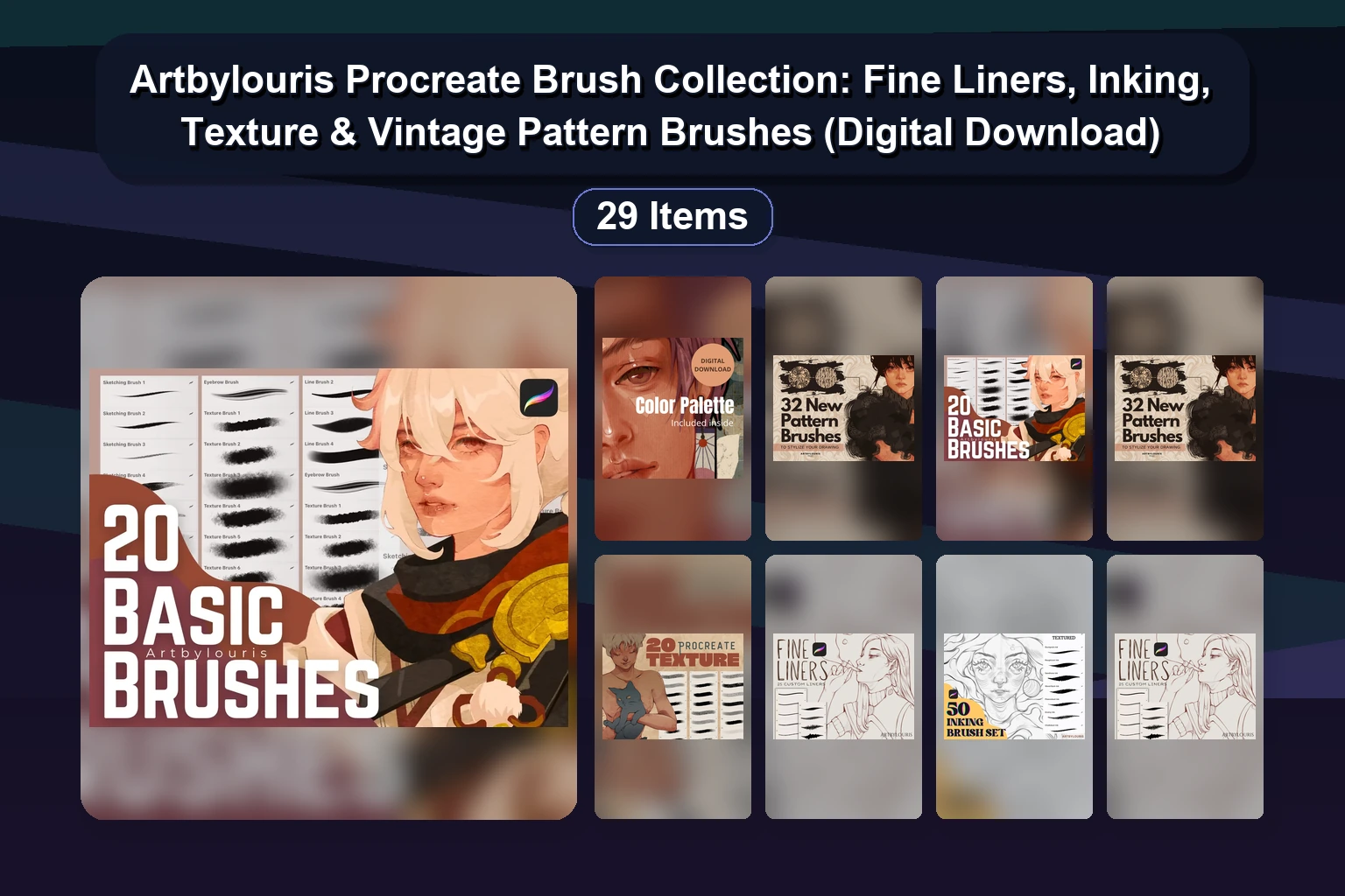 Artbylouris Procreate Brush Collection: Fine Liners, Inking, Texture & Vintage Pattern Brushes (Digital Download) Artbylouris Procreate Brush Collection Fine Liners Inking Te collage 545012aa 1781887609