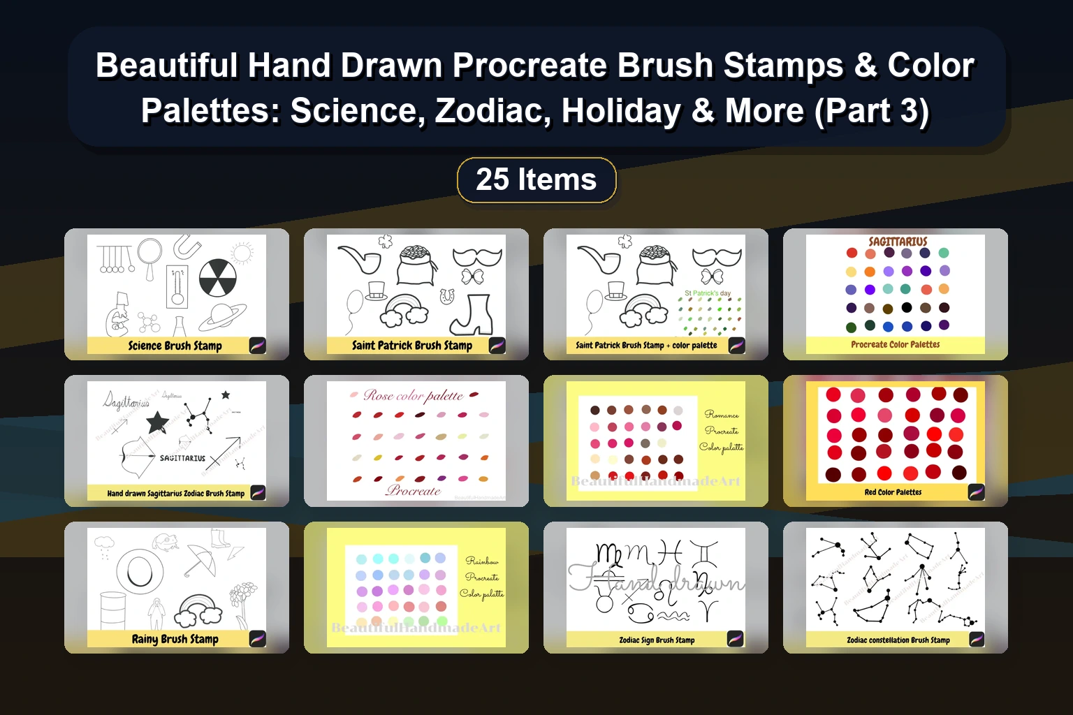 15 Procreate Brush Stamps & Color Palettes by beautifulhandmadeart (Summer, Zodiac & Skin Tones)